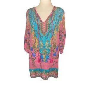 Tolani Anthropologie Silk Pink & Aqua Blue Tassel Tunic Top Dress - S